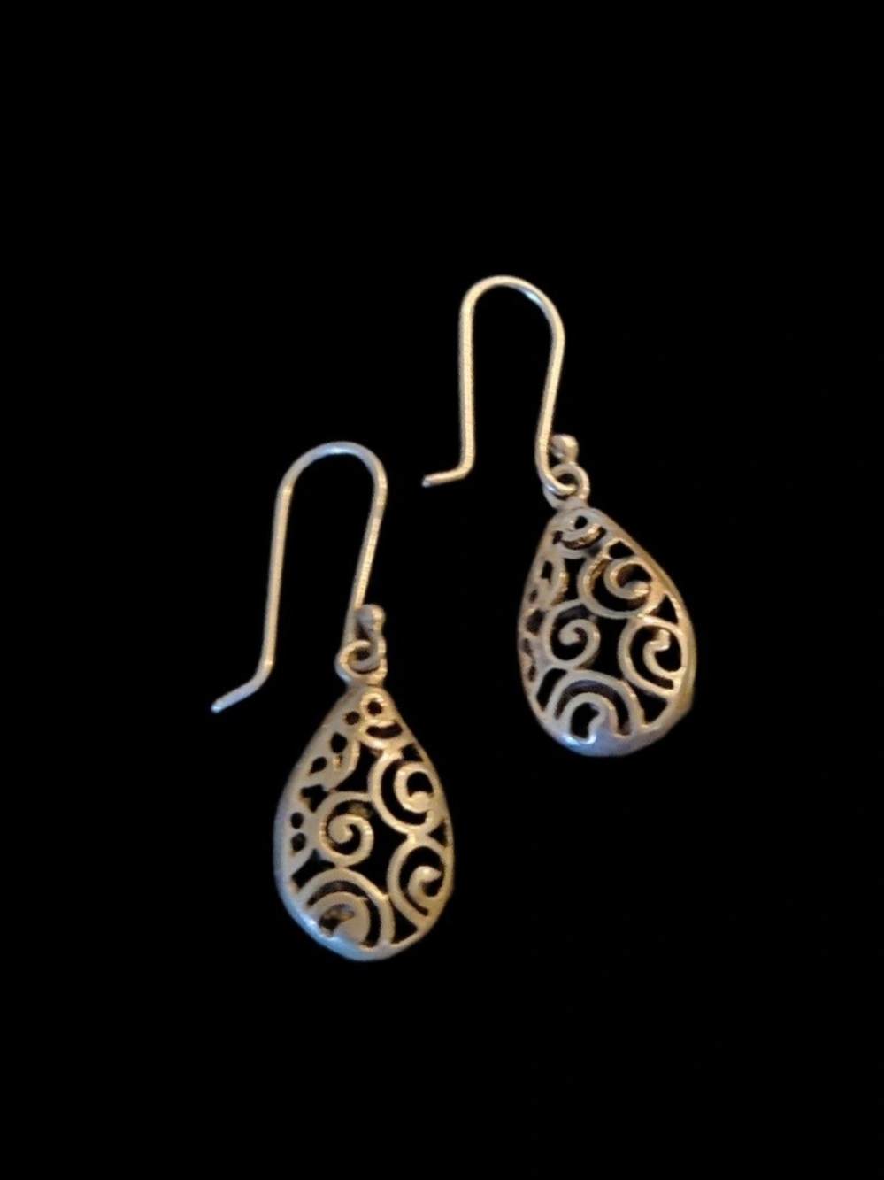 Mexican Silver Scrollwork Teardrop Drop Earrings — Openwork Filigree